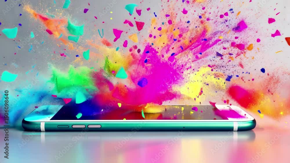 Poster bright splashes of color emerge from a smartphone in a creative display of technology and art in a m