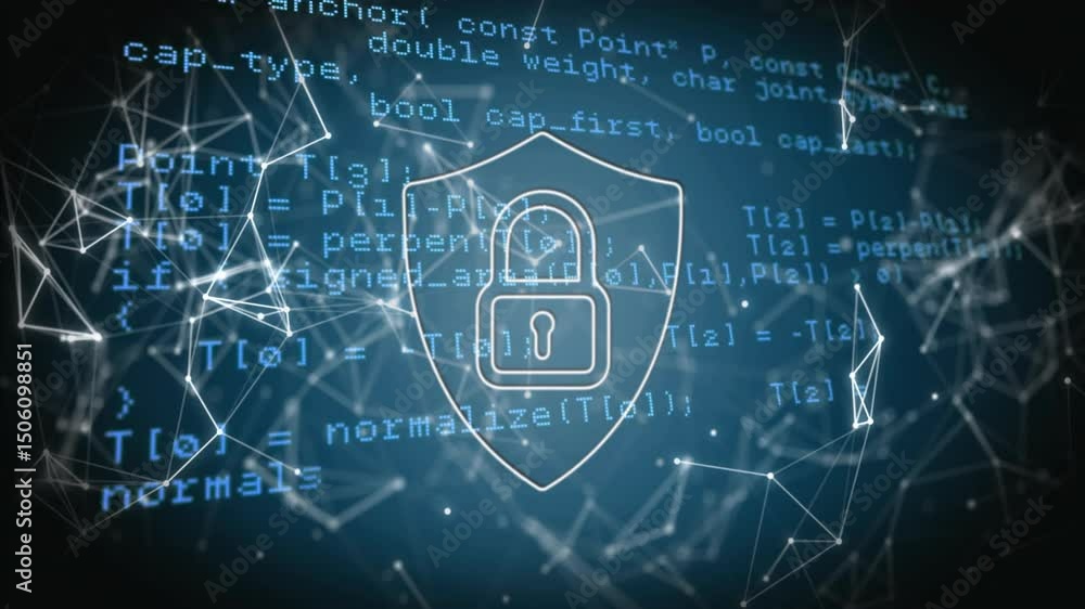 Poster code snippets emerging behind network causing shield fading in around padlock securing data flow