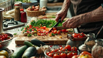 Chopping fresh tomatoes and vegetables in a rustic kitchen preparing a healthy meal with vibrant colors and natural ingredients