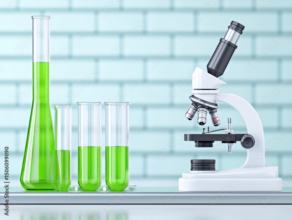 Poster laboratory setup with microscope and green liquids in flasks and test tubes on a light blue backgrou