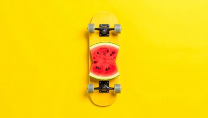 Obraz premium creative summer concept with watermelon skateboard on bright yellow background
