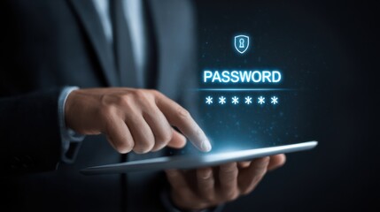 User enters password on touchscreen device in a secure digital environment with a focus on cybersecurity measures