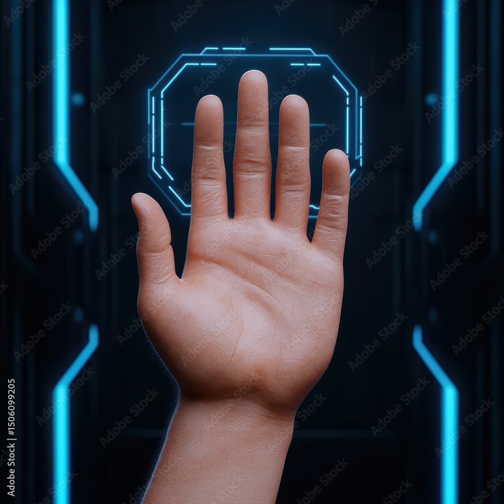 Poster futuristic hand gesture against high-tech background in a modern digital environment with glowing el