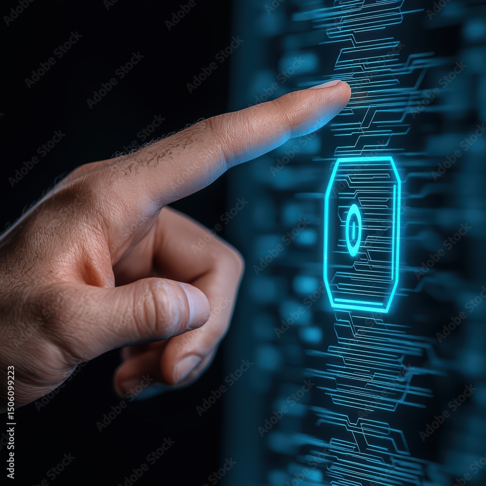 Poster hand touching digital interface with futuristic data visualization and technology concept in a dark 