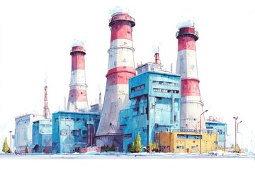 Obraz premium Industrial Complex with Red and White Chimneys Emitting Smoke Modern Factory Architecture Urb