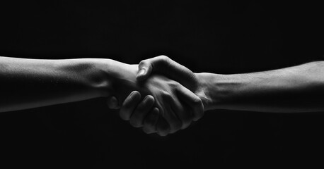 First meeting. Woman and man handshaking on black background, panorama, copy space