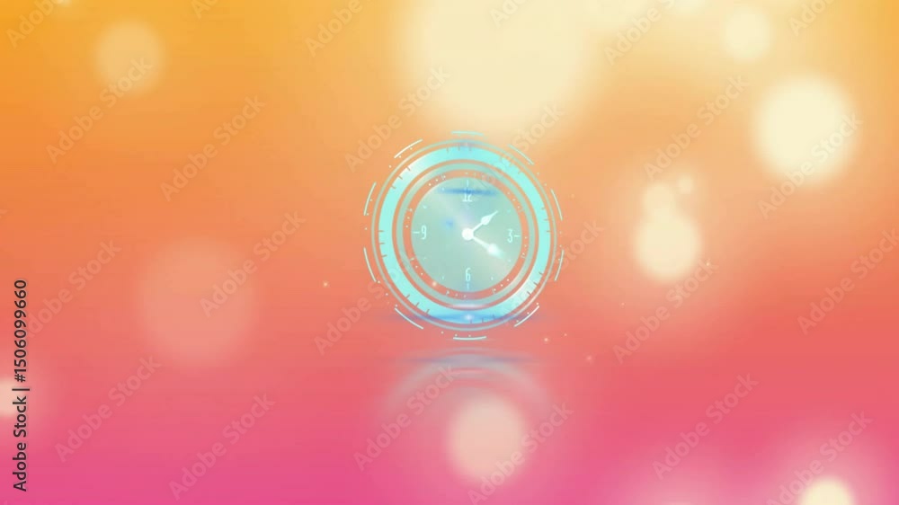 Poster on start, circular gauge rotating pointer and pulsing rings illustrating time progression