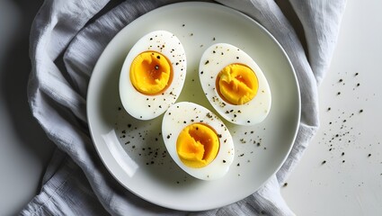 Top-Down View of Boiled Eggs on Linen Tablecloth
