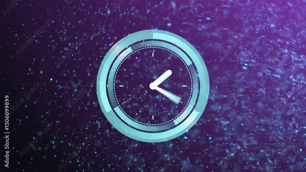Poster cyan ring emerging forming clock, hands rotating transforming into arcs, visualizing time flow