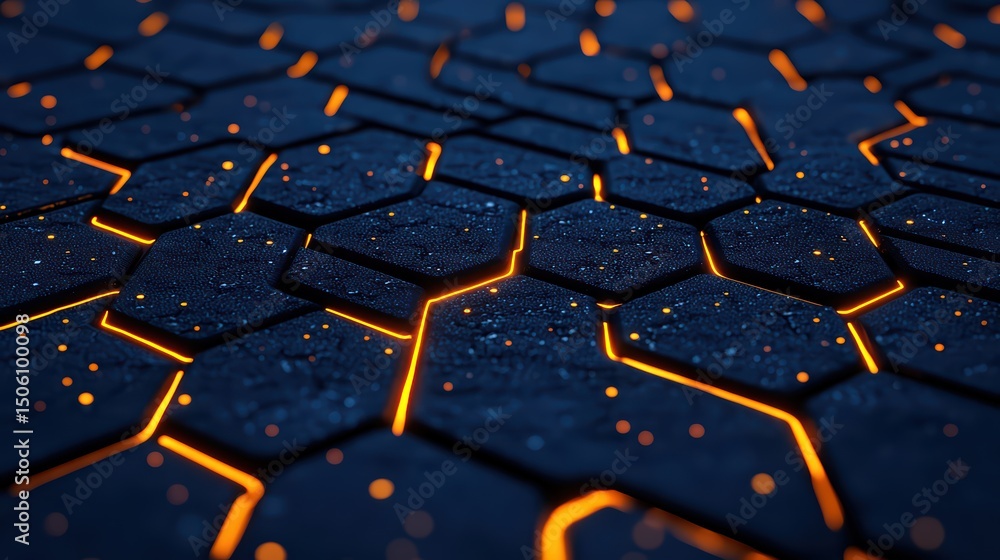 Poster glowing hexagonal pattern with sparkling texture on dark background for abstract visuals and modern 