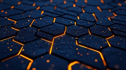 Obraz premium Glowing Hexagonal Pattern with Sparkling Texture on Dark Background for Abstract Visuals and Modern Designs