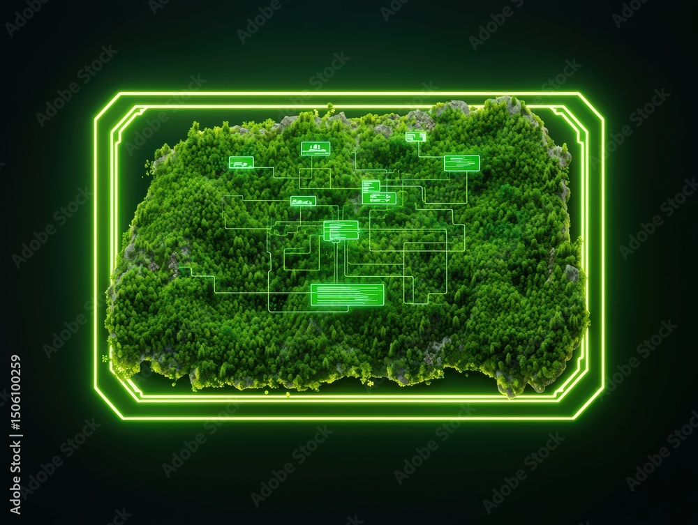 Poster futuristic map of nature with digital interface displaying greenery and technology integration