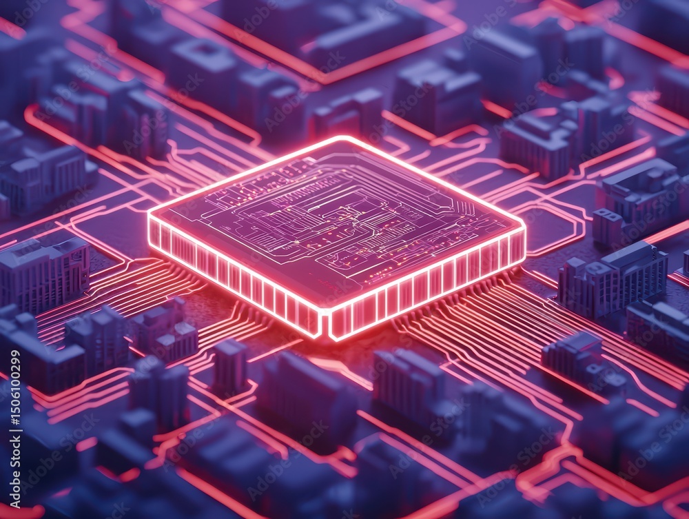 Poster futuristic computer chip design with neon glow in a high-tech cityscape environment