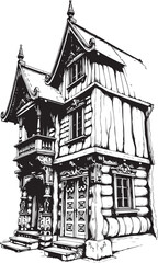 Fototapeta premium Ancient Slavic architecture, the patterns are made with wood carvings. Hand drawn vector illustration