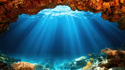 Obraz premium Stunning View of Underwater Cave with Sunbeams Filtering Through Clear Blue Ocean Water and Coral Reefs