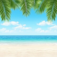 Tropical Beach Scene with Lush Green Palm Leaves and Calm Blue Ocean under Clear Sky