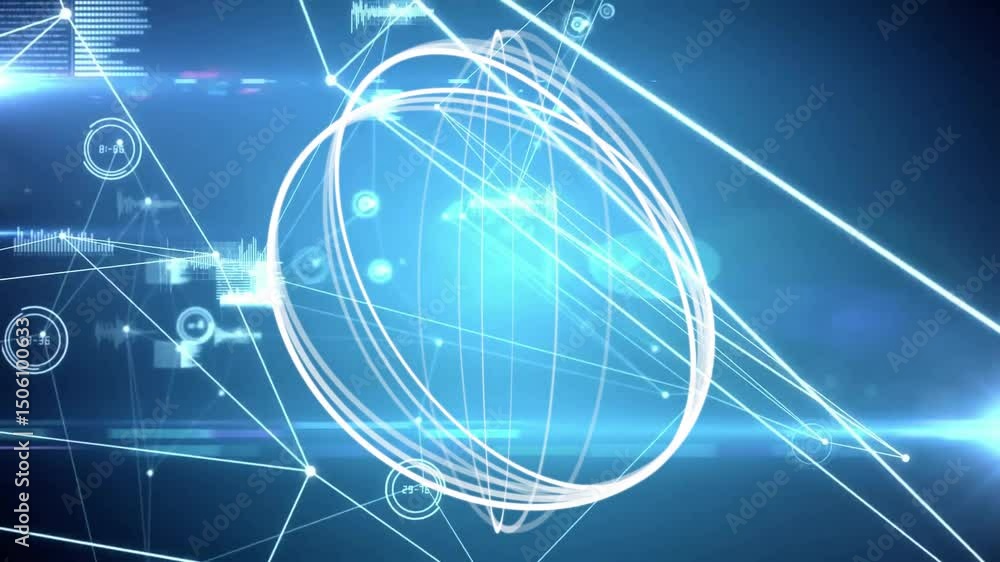 Poster with glowing wireframe sphere appearing, rings orbiting and nodes connecting for digital network