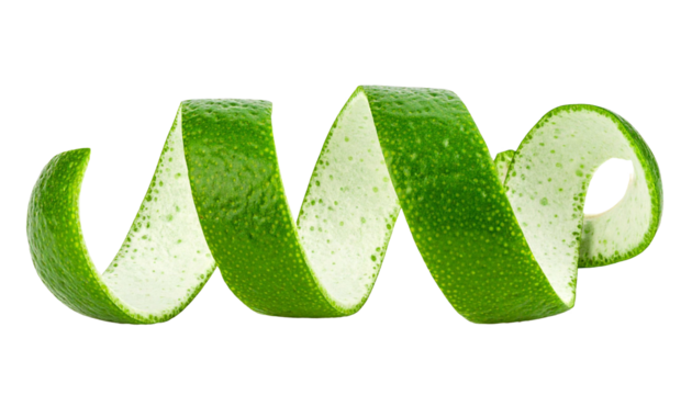 Lime peel making a spiral shape over transparent background