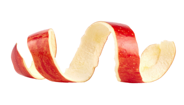Red apple peel curling on transparent background