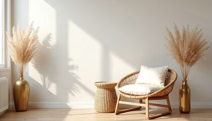 Cozy interior scene features wicker chair white cushion, woven side table golden vase. Pampas grass floral arrangement decorates space. Wooden floor white wall add warmth, minimalism, comfort. Home