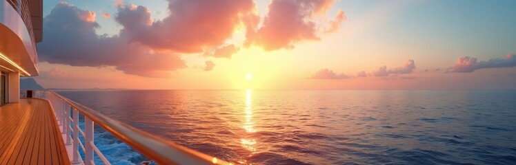 Obraz premium Panoramic view cruise ship deck sea horizon sunset. Luxury vacation concept. Wooden deck with railing. Beautiful nature seascape background. Summer holiday travel.