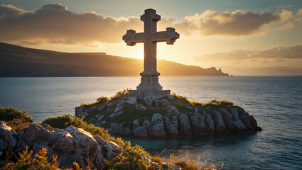 Huge stone cross built on an island under the sunlight