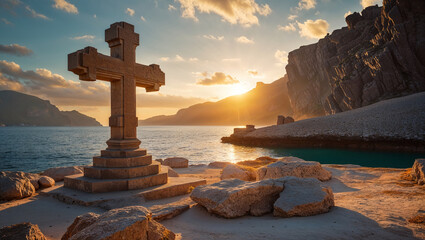 Huge stone cross built on an island under the sunlight