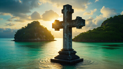Huge stone cross built on an island under the sunlight