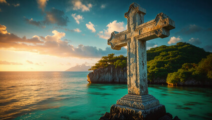 Huge stone cross built on an island under the sunlight