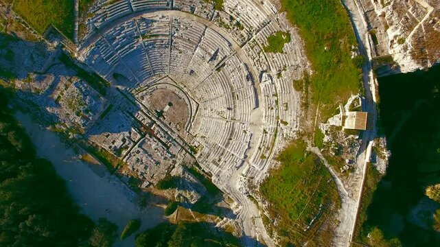 Aerial Drone shot of the Ancient Greek Theatre in Syracuse Sicily Italy