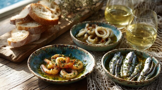 Seafood Tapas with Garlic Shrimp, Calamari, and Boquerones on Rustic Table