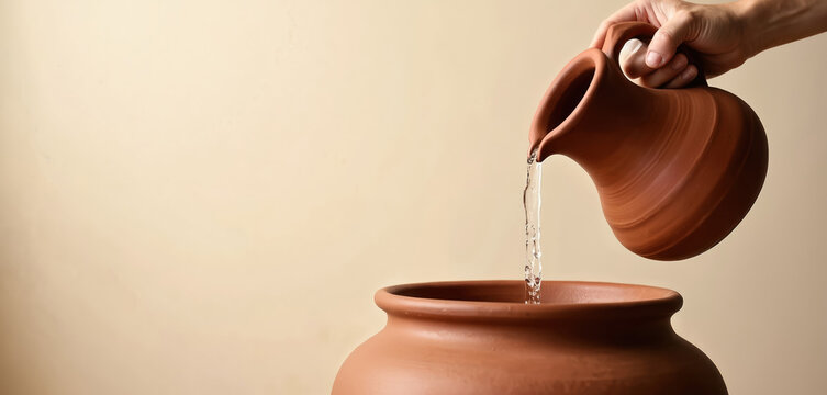 Hand pours water from clay jar to vessel. Image evokes biblical, historical, traditional themes. Ancient jug, jug pouring water, holy water, drink. Concept of christianity, faith, religion, jesus.