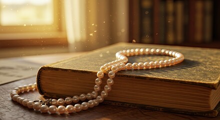 A close-up image showcasing a pearl necklace draped delicately over an antique book. Warm sunlight streams through a window illuminating the scene creating a vintage aesthetic.