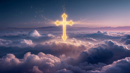 Beautiful golden cross floating high in the sky