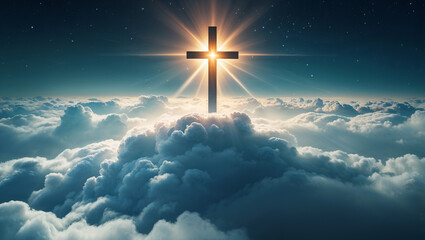 Beautiful golden cross floating high in the sky