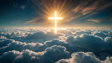 Beautiful golden cross floating high in the sky