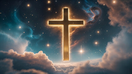 Beautiful golden cross floating high in the sky