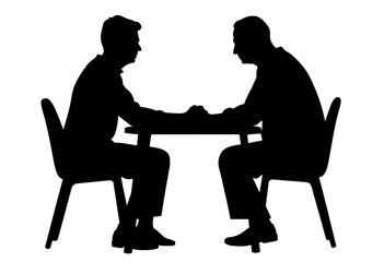 Silhouettes of elderly people arm wrestling at a table  