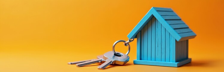 Blue miniature house keys on orange background symbolize home ownership real estate property investment. Model house, keychains on bright backdrop represent purchasing home, finance concept.