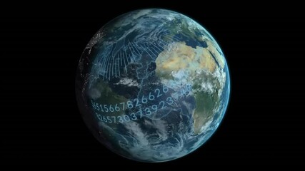 Upon start, rotating Earth showing shifting grid and streaming numerals, mapping real time data - Powered by Adobe