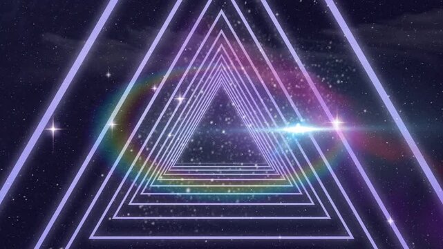 At start purple triangles forming tunnel, stars drifting and halo rotating to show cosmic scene