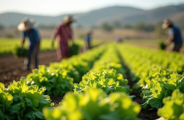 Seasonal immigrant workers harvest lettuce in agricultural field. Migrant farm laborers at work. Agriculture, farming, food production industry. Fresh green lettuce plants at sunny field.