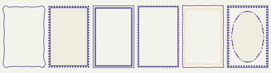 Stamp style frames for greeting cards, wedding and birthday invitations, social media design templates. Hand drawn ornamental borders. Minimalistic line art. Vector flat illustration.