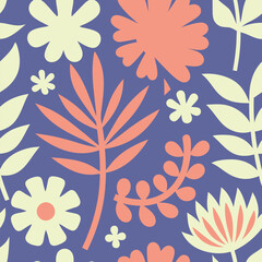 Vibrant floral seamless pattern with flowers and leaves on a purple background
