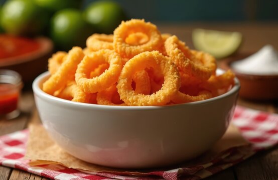 Chicharrones de Harina, Mexican fried wheat snacks also known as duros. Crispy, crunchy wheel-shaped snacks with hot sauce and lemon, popular Mexican street food. Delicious fast food junk snack.