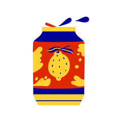 Refreshing lemonade can. Soda with lemon taste. Abstract colorful design. Contemporary summer art element