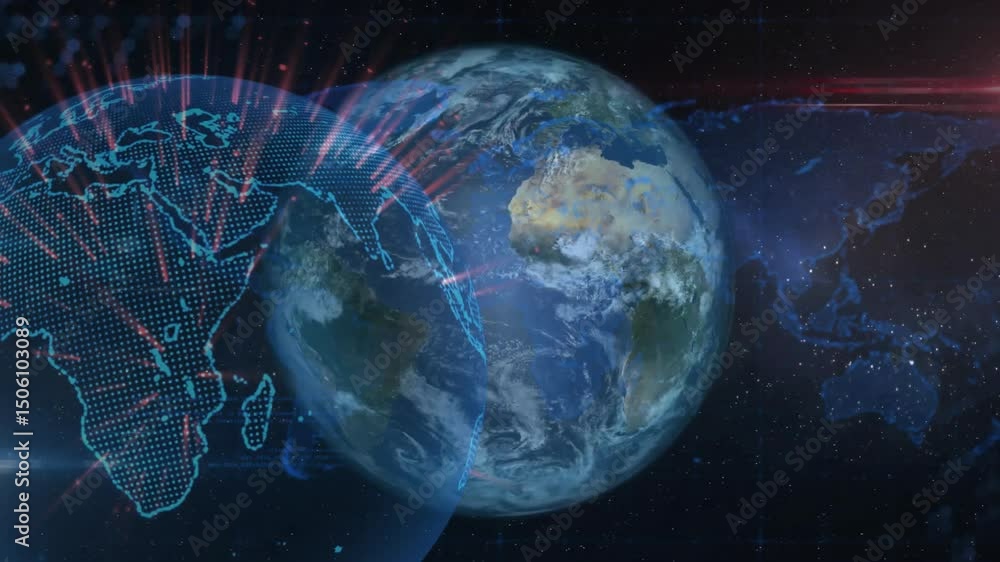 Poster on overlay activation earth globe rotating with spreading mesh firing beams visualizing global flow
