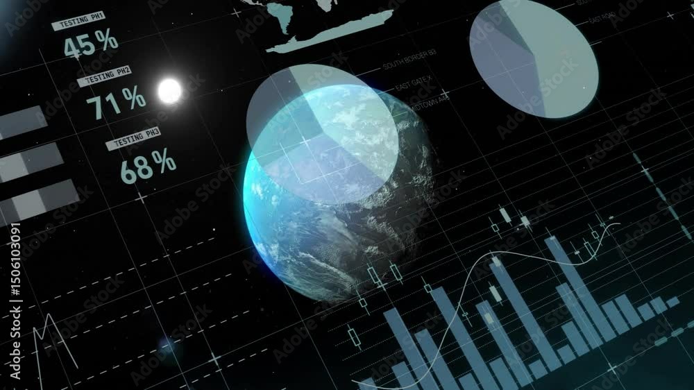 Poster upon data feed starting, 3d globe receiving sliding gauges, charts and maps visualizing statistics