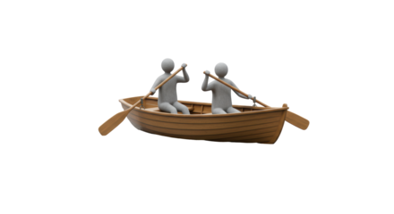 Isolated Two Figures Rowing a Wooden Boat
