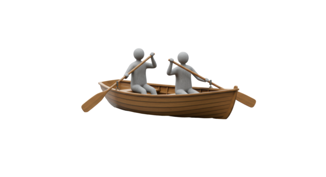 Isolated Two Figures Rowing a Wooden Boat